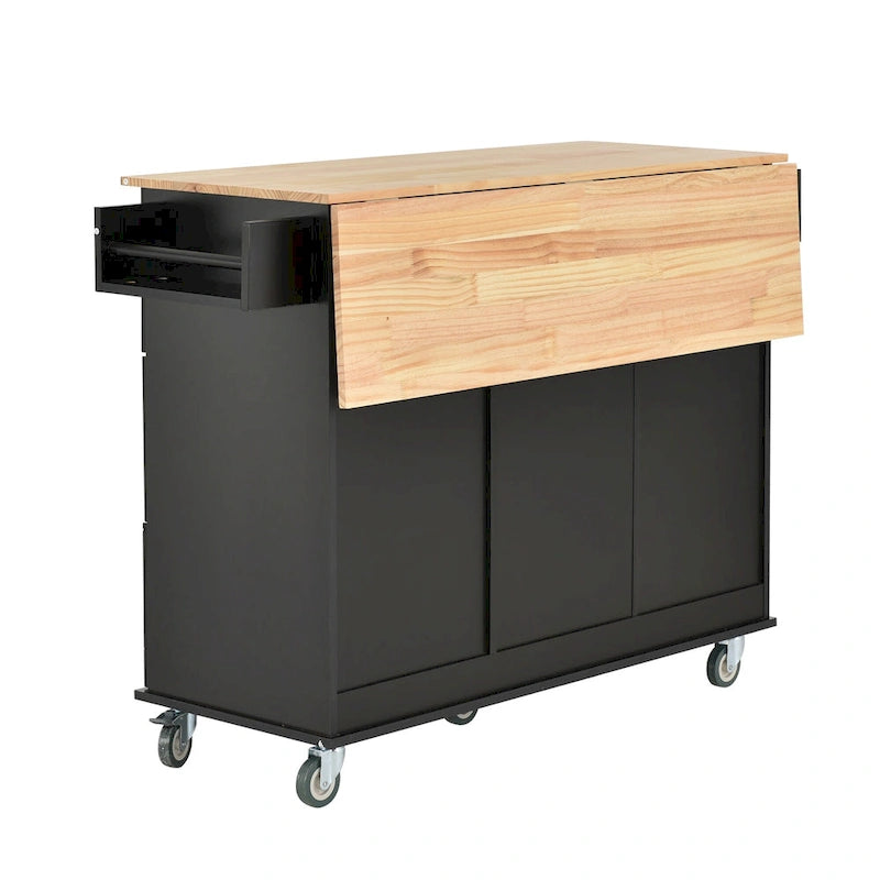 Îlot de cuisine mobile roulant de 52,7 po avec plateau en bois massif et roulettes verrouillables, armoire de rangement et bar de petit-déjeuner à abattant