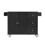 Îlot de cuisine mobile roulant de 52,7 po avec plateau en bois massif et roulettes verrouillables, armoire de rangement et bar de petit-déjeuner à abattant