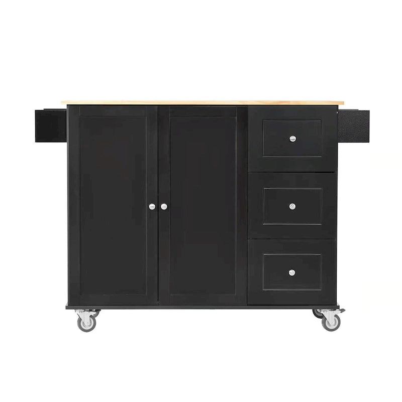 Îlot de cuisine mobile roulant de 52,7 po avec plateau en bois massif et roulettes verrouillables, armoire de rangement et bar de petit-déjeuner à abattant