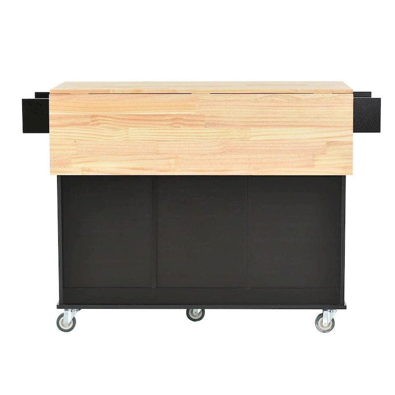 Îlot de cuisine mobile roulant de 52,7 po avec plateau en bois massif et roulettes verrouillables, armoire de rangement et bar de petit-déjeuner à abattant