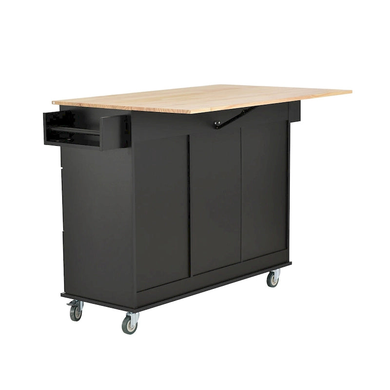 Îlot de cuisine mobile roulant de 52,7 po avec plateau en bois massif et roulettes verrouillables, armoire de rangement et bar de petit-déjeuner à abattant