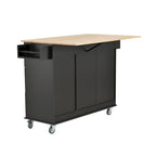 Îlot de cuisine mobile roulant de 52,7 po avec plateau en bois massif et roulettes verrouillables, armoire de rangement et bar de petit-déjeuner à abattant