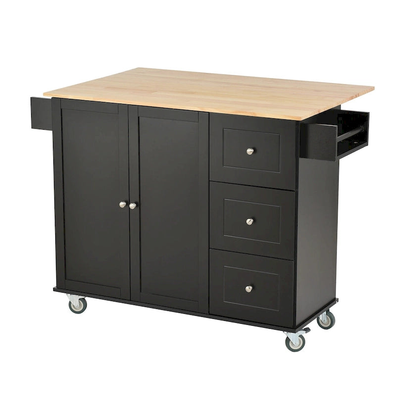 Îlot de cuisine mobile roulant de 52,7 po avec plateau en bois massif et roulettes verrouillables, armoire de rangement et bar de petit-déjeuner à abattant