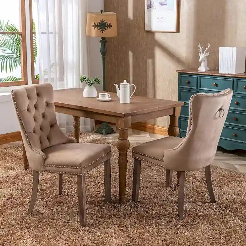 Lot de 2 chaises de salle à manger en velours, chaises rembourrées haut de gamme capitonnées avec anneau de tirage et pieds en bois massif