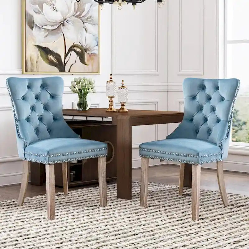 Lot de 2 chaises de salle à manger en velours, chaises rembourrées haut de gamme capitonnées avec anneau de tirage et pieds en bois massif