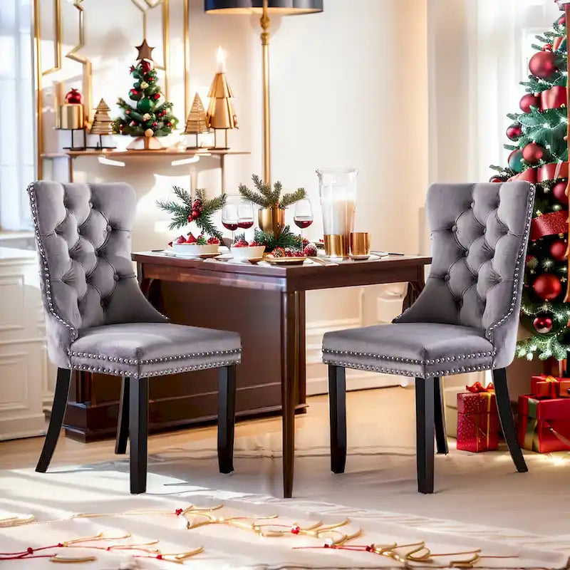 Lot de 2 chaises de salle à manger en velours, chaises rembourrées haut de gamme capitonnées avec anneau de tirage et pieds en bois massif