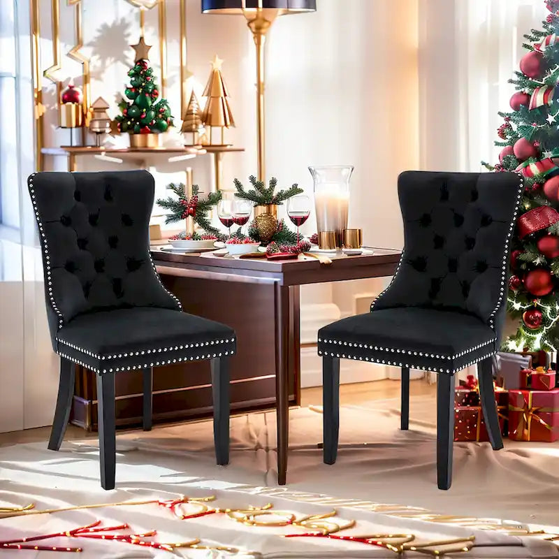 Lot de 2 chaises de salle à manger en velours, chaises rembourrées haut de gamme capitonnées avec anneau de tirage et pieds en bois massif