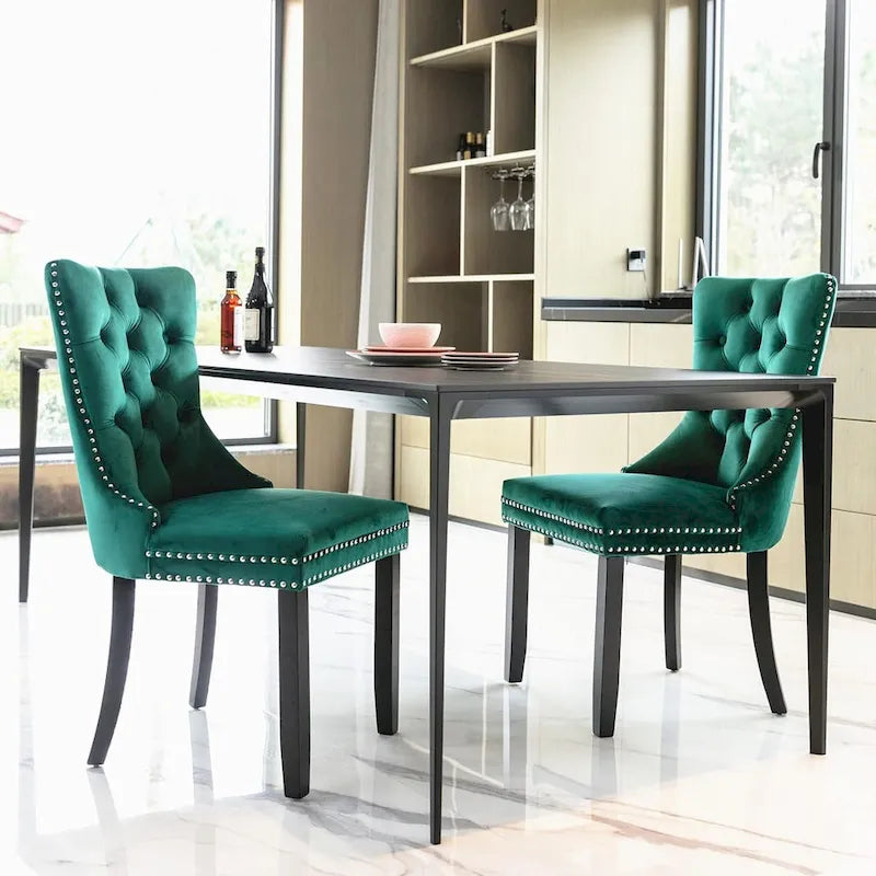 Lot de 2 chaises de salle à manger en velours, chaises rembourrées haut de gamme capitonnées avec anneau de tirage et pieds en bois massif