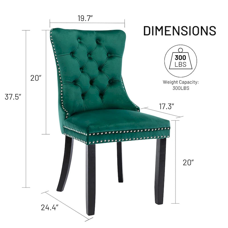 Lot de 2 chaises de salle à manger en velours, chaises rembourrées haut de gamme capitonnées avec anneau de tirage et pieds en bois massif