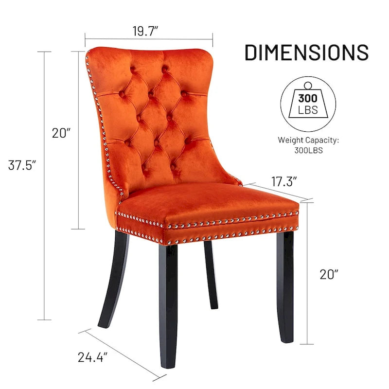 Lot de 2 chaises de salle à manger en velours, chaises rembourrées haut de gamme capitonnées avec anneau de tirage et pieds en bois massif