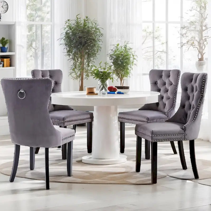 Lot de 2 chaises de salle à manger en velours, chaises rembourrées haut de gamme capitonnées avec anneau de tirage et pieds en bois massif