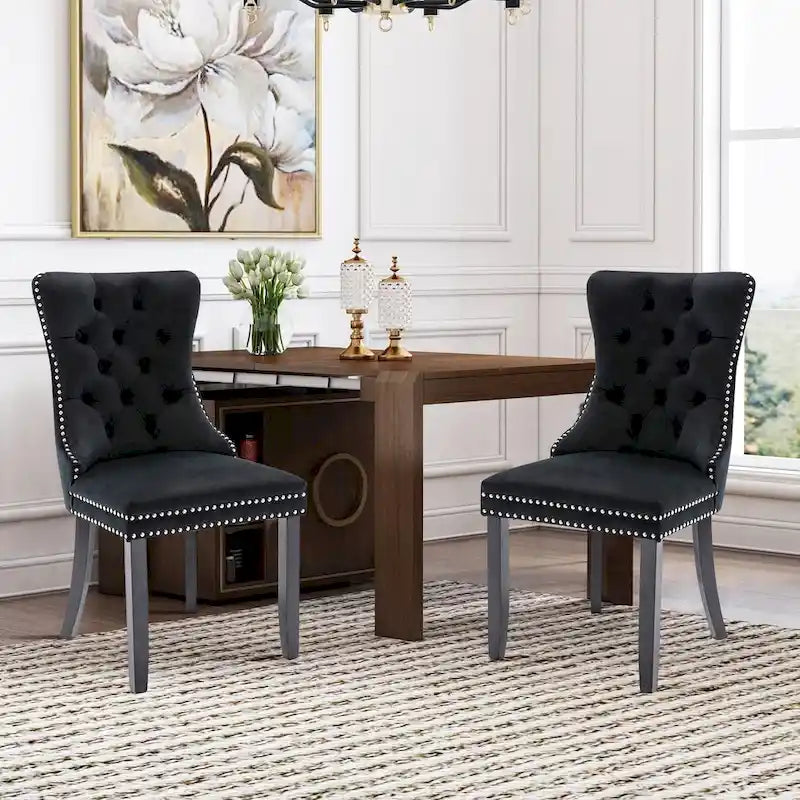 Lot de 2 chaises de salle à manger en velours, chaises rembourrées haut de gamme capitonnées avec anneau de tirage et pieds en bois massif