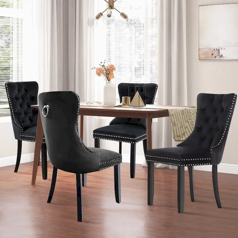 Lot de 2 chaises de salle à manger en velours, chaises rembourrées haut de gamme capitonnées avec anneau de tirage et pieds en bois massif