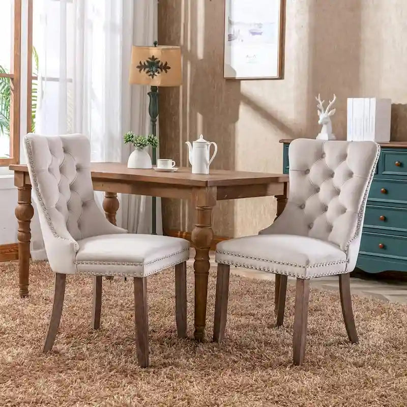 Lot de 2 chaises de salle à manger en velours, chaises rembourrées haut de gamme capitonnées avec anneau de tirage et pieds en bois massif