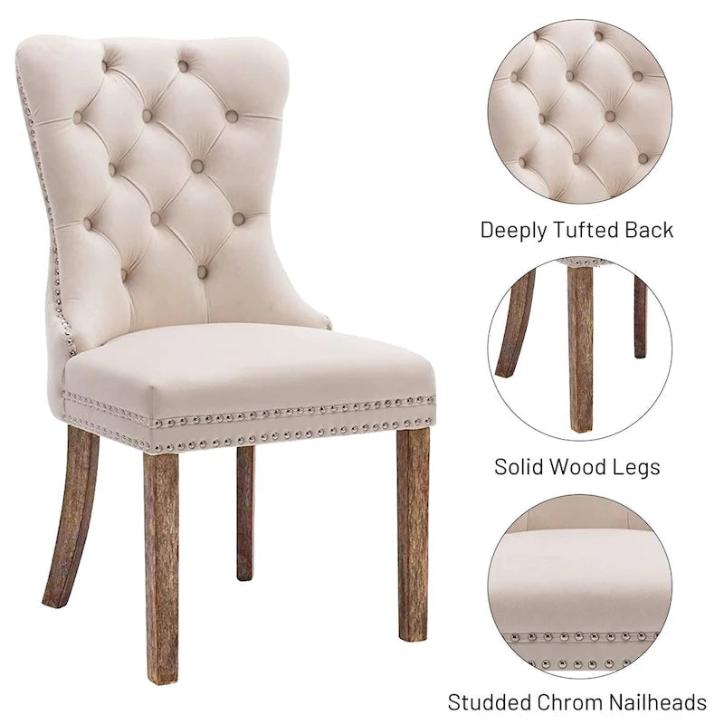 Lot de 2 chaises de salle à manger en velours, chaises rembourrées haut de gamme capitonnées avec anneau de tirage et pieds en bois massif