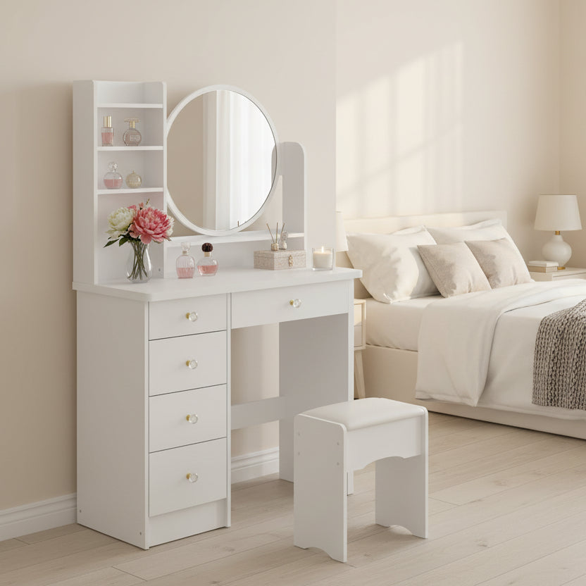 Makeup Vanity Set Dresser w/Mirror Stool 5 Drawers - White/Pink/Black - 31.5L x 15.7W x 52H