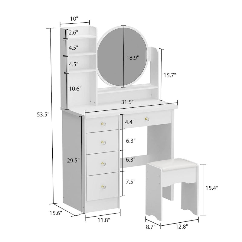 Coiffeuse avec miroir et tabouret 5 tiroirs - Blanc/Rose/Noir - 80L x 40l x 132H cm