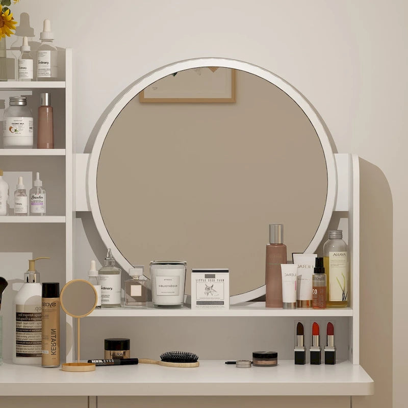 Coiffeuse avec miroir et tabouret 5 tiroirs - Blanc/Rose/Noir - 80L x 40l x 132H cm
