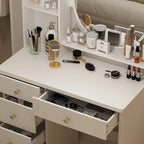 Coiffeuse avec miroir et tabouret 5 tiroirs - Blanc/Rose/Noir - 80L x 40l x 132H cm