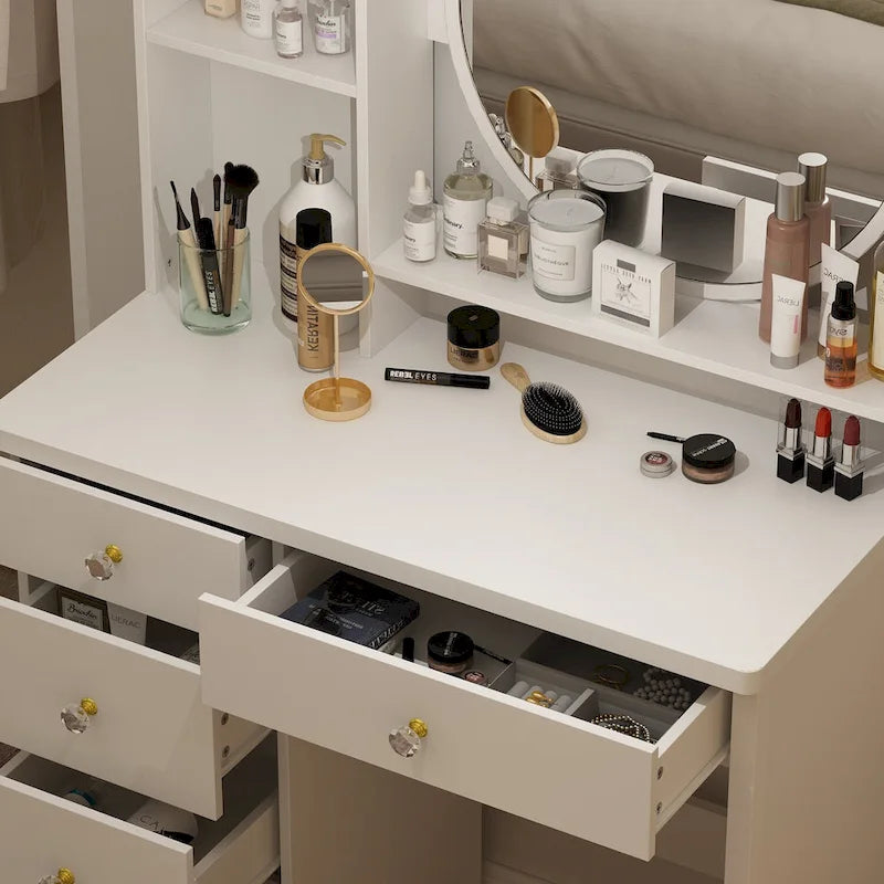 Coiffeuse avec miroir et tabouret 5 tiroirs - Blanc/Rose/Noir - 80L x 40l x 132H cm