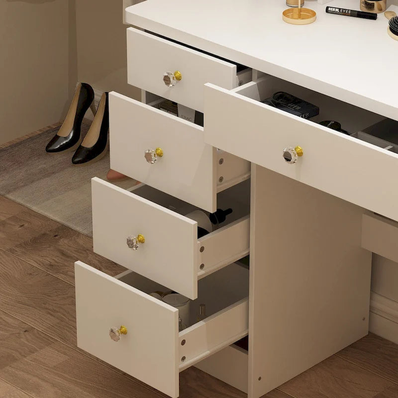 Coiffeuse avec miroir et tabouret 5 tiroirs - Blanc/Rose/Noir - 80L x 40l x 132H cm
