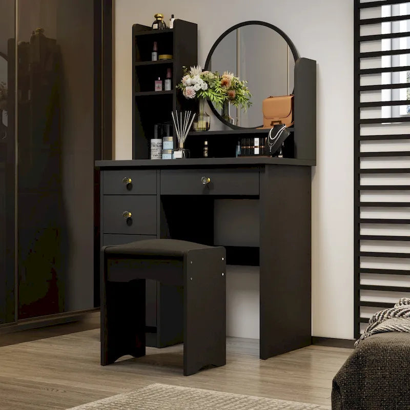 Coiffeuse avec miroir et tabouret 5 tiroirs - Blanc/Rose/Noir - 80L x 40l x 132H cm