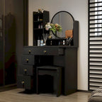 Coiffeuse avec miroir et tabouret 5 tiroirs - Blanc/Rose/Noir - 80L x 40l x 132H cm