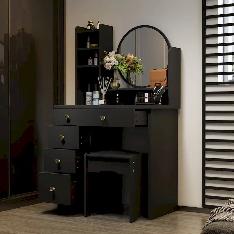 Coiffeuse avec miroir et tabouret 5 tiroirs - Blanc/Rose/Noir - 80L x 40l x 132H cm