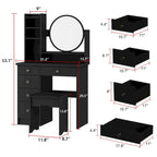 Coiffeuse avec miroir et tabouret 5 tiroirs - Blanc/Rose/Noir - 80L x 40l x 132H cm