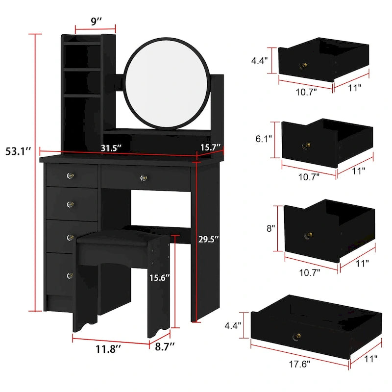 Coiffeuse avec miroir et tabouret 5 tiroirs - Blanc/Rose/Noir - 80L x 40l x 132H cm