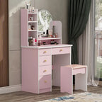 Coiffeuse avec miroir et tabouret 5 tiroirs - Blanc/Rose/Noir - 80L x 40l x 132H cm
