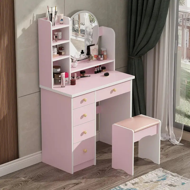 Coiffeuse avec miroir et tabouret 5 tiroirs - Blanc/Rose/Noir - 80L x 40l x 132H cm