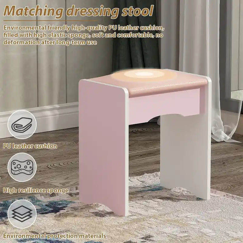 Coiffeuse avec miroir et tabouret 5 tiroirs - Blanc/Rose/Noir - 80L x 40l x 132H cm