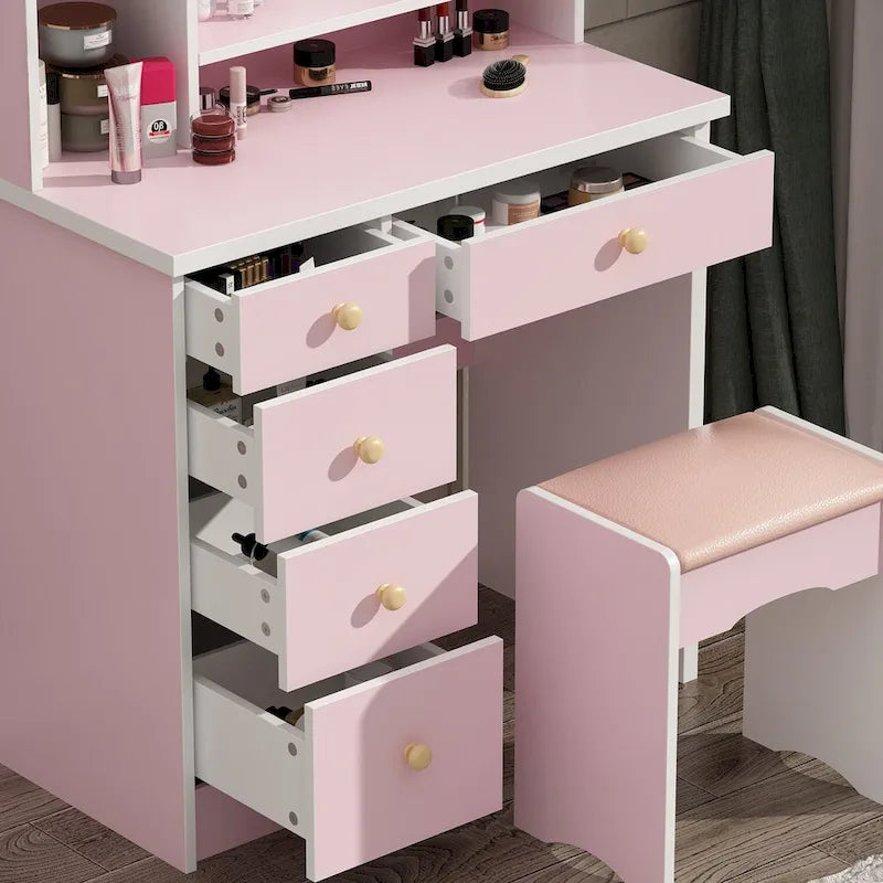 Coiffeuse avec miroir et tabouret 5 tiroirs - Blanc/Rose/Noir - 80L x 40l x 132H cm