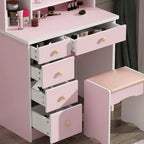 Coiffeuse avec miroir et tabouret 5 tiroirs - Blanc/Rose/Noir - 80L x 40l x 132H cm