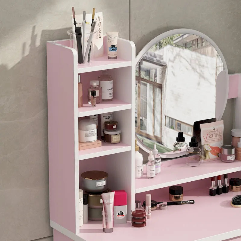 Coiffeuse avec miroir et tabouret 5 tiroirs - Blanc/Rose/Noir - 80L x 40l x 132H cm