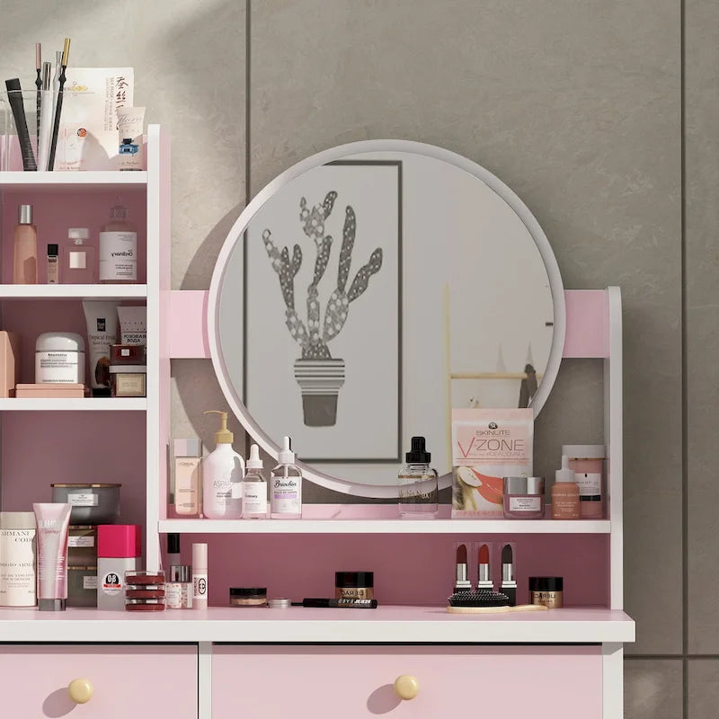 Coiffeuse avec miroir et tabouret 5 tiroirs - Blanc/Rose/Noir - 80L x 40l x 132H cm