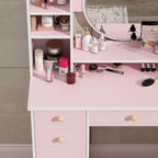 Coiffeuse avec miroir et tabouret 5 tiroirs - Blanc/Rose/Noir - 80L x 40l x 132H cm