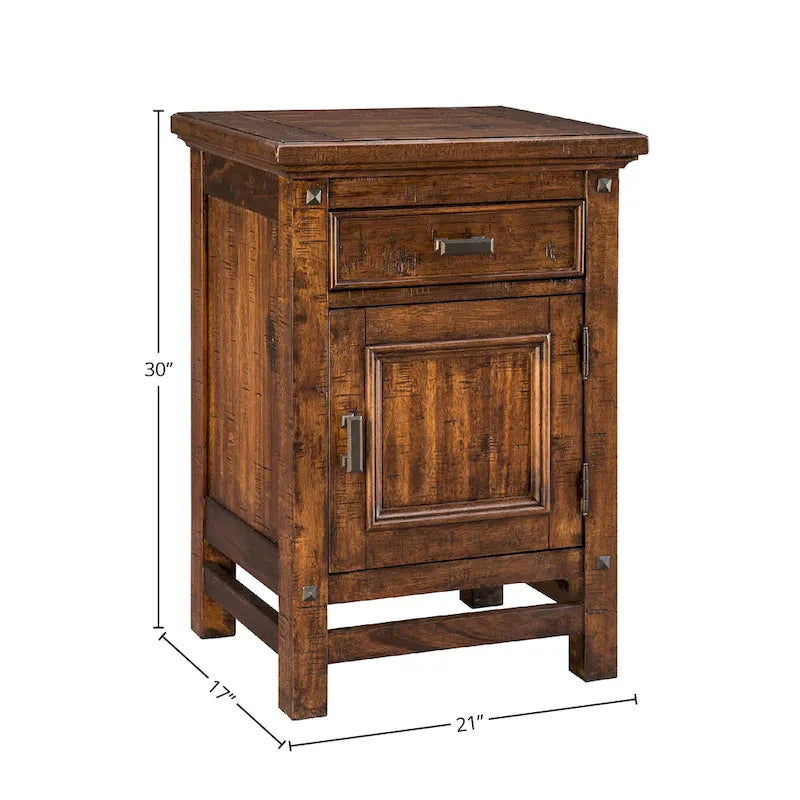 Table de chevet Wolf Creek rustique vintage en acacia, 1 porte, 1 tiroir