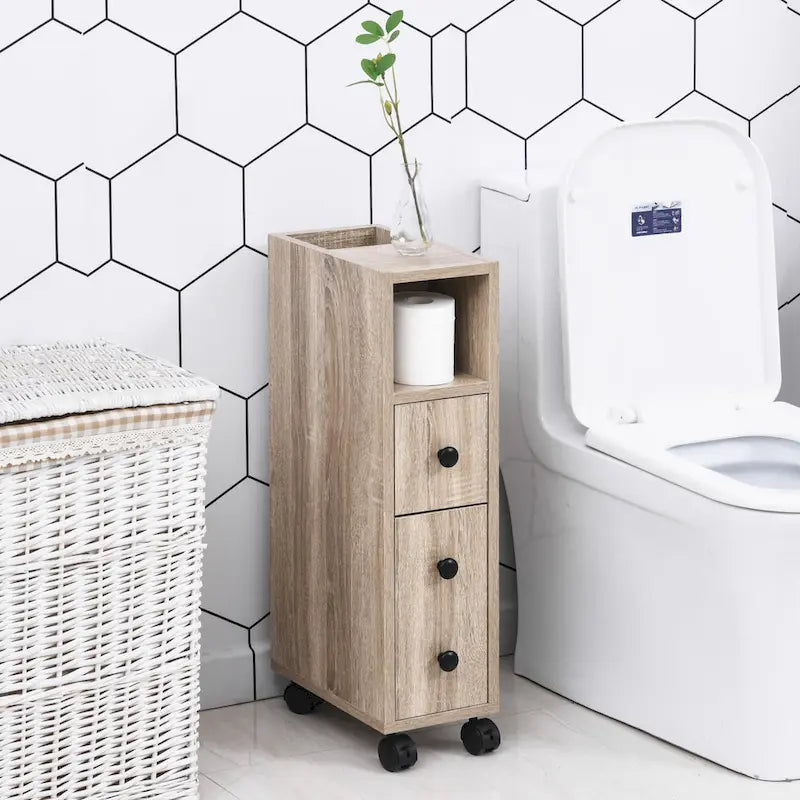 Meuble de salle de bain compact autoportant avec 2 placards ouverts, 1 placard avec porte, 1 tiroir et 4 roulettes