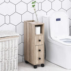 Meuble de salle de bain compact autoportant avec 2 placards ouverts, 1 placard avec porte, 1 tiroir et 4 roulettes