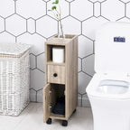 Meuble de salle de bain compact autoportant avec 2 placards ouverts, 1 placard avec porte, 1 tiroir et 4 roulettes