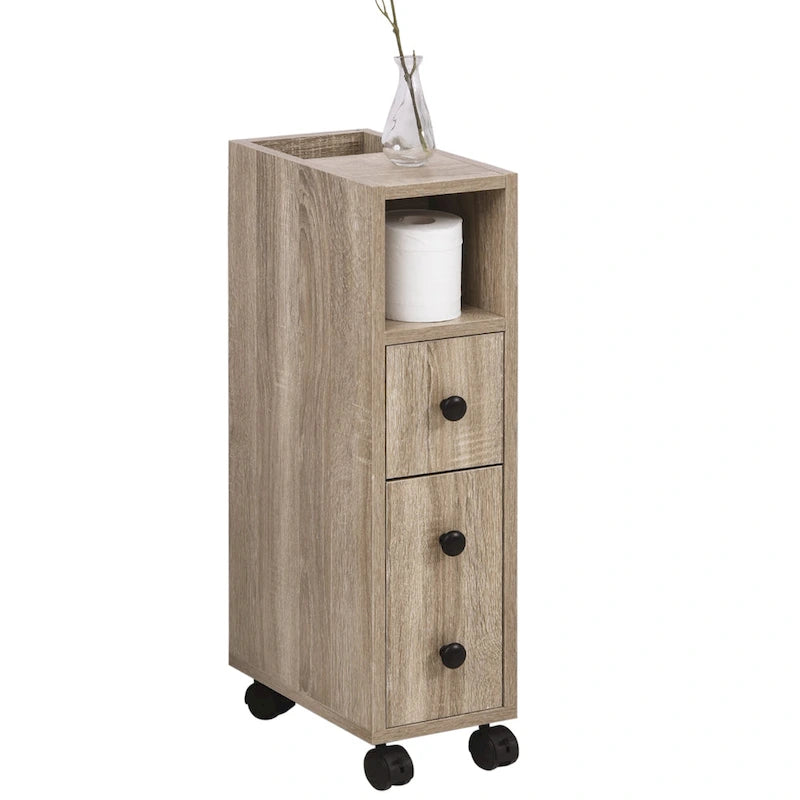 Meuble de salle de bain compact autoportant avec 2 placards ouverts, 1 placard avec porte, 1 tiroir et 4 roulettes