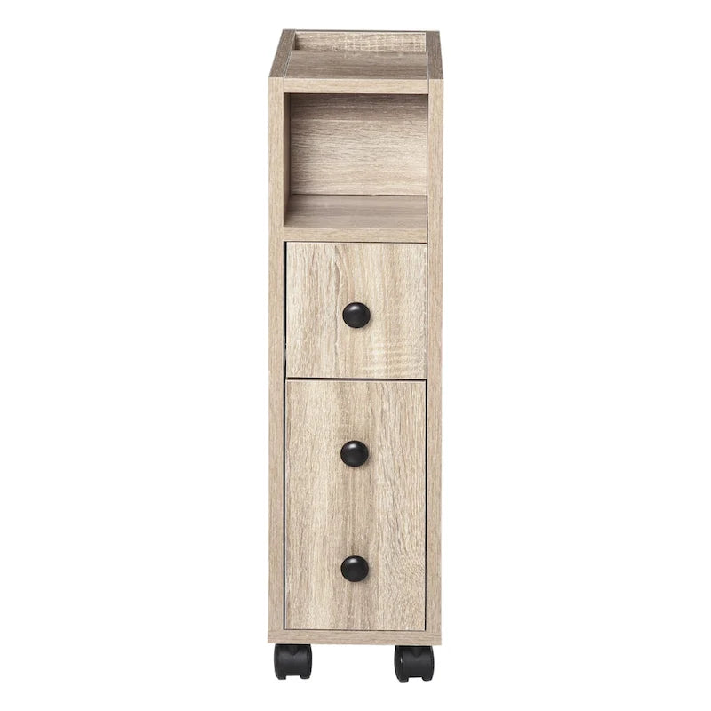 Meuble de salle de bain compact autoportant avec 2 placards ouverts, 1 placard avec porte, 1 tiroir et 4 roulettes