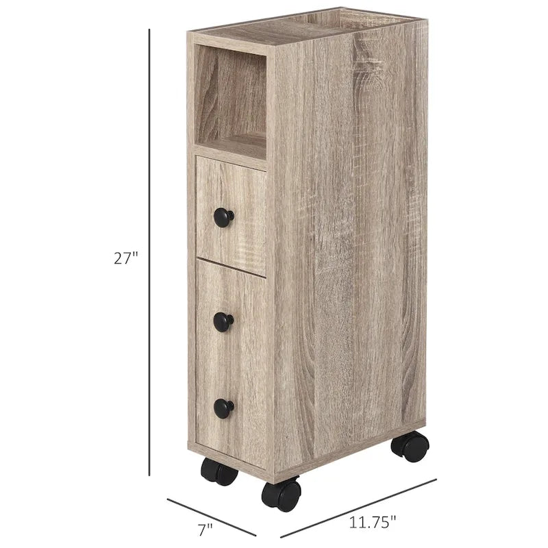 Meuble de salle de bain compact autoportant avec 2 placards ouverts, 1 placard avec porte, 1 tiroir et 4 roulettes