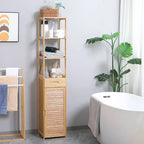 Meuble Colonne de Salle de Bain Haut avec Tiroir et Étagères à Lattes, Tour de Rangement Étroite en Bambou avec Porte Persiennée