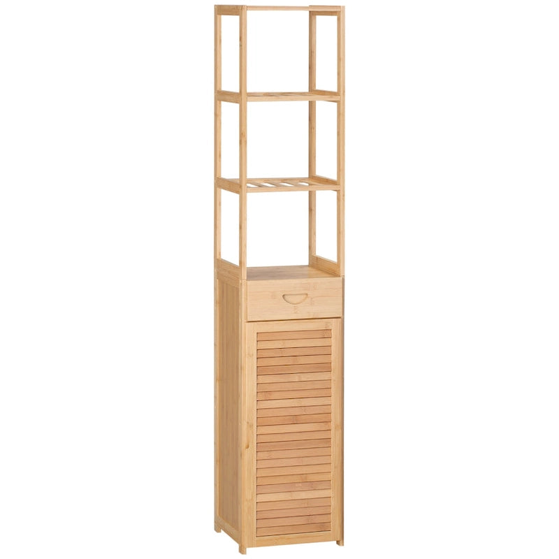 Meuble Colonne de Salle de Bain Haut avec Tiroir et Étagères à Lattes, Tour de Rangement Étroite en Bambou avec Porte Persiennée
