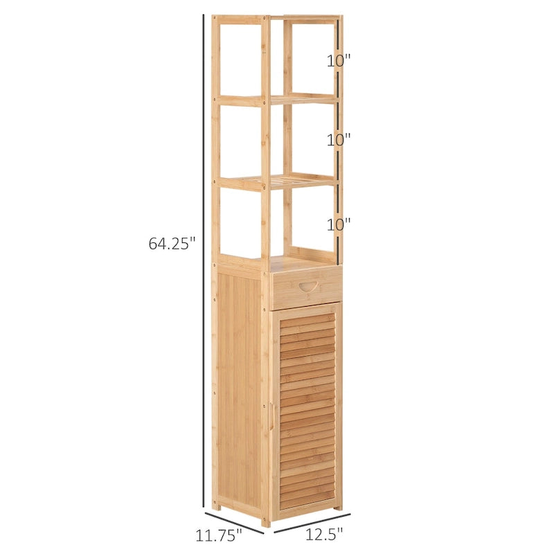 Meuble Colonne de Salle de Bain Haut avec Tiroir et Étagères à Lattes, Tour de Rangement Étroite en Bambou avec Porte Persiennée