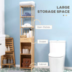 Meuble Colonne de Salle de Bain Haut avec Tiroir et Étagères à Lattes, Tour de Rangement Étroite en Bambou avec Porte Persiennée