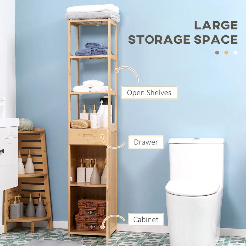 Meuble Colonne de Salle de Bain Haut avec Tiroir et Étagères à Lattes, Tour de Rangement Étroite en Bambou avec Porte Persiennée